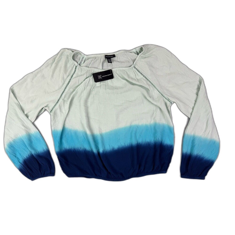 INC International Concepts Size L Womens Top Mint Blue Elastic Waist Cuffs Neck